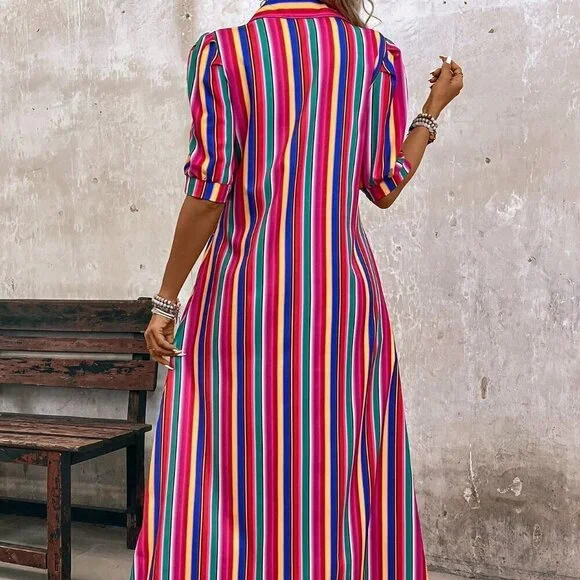 Multicolor Casual Women's Vacation Colorful Striped Front Buttoned Maxi Dress - Picture 2 of 7
